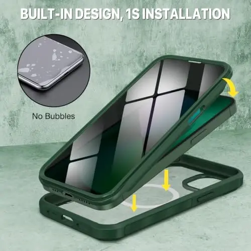 CENHUFO Privacy for iPhone 14 Case/iPhone 13 Case, Full Body Phone Case with Built-in 9H Tempered Glass Privacy Screen Protector and Camera Lens Protector, Shockproof Bumper Clear Cover - Green - 3