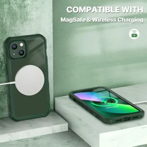 CENHUFO Privacy for iPhone 14 Case/iPhone 13 Case, Full Body Phone Case with Built-in 9H Tempered Glass Privacy Screen Protector and Camera Lens Protector, Shockproof Bumper Clear Cover - Green - 6