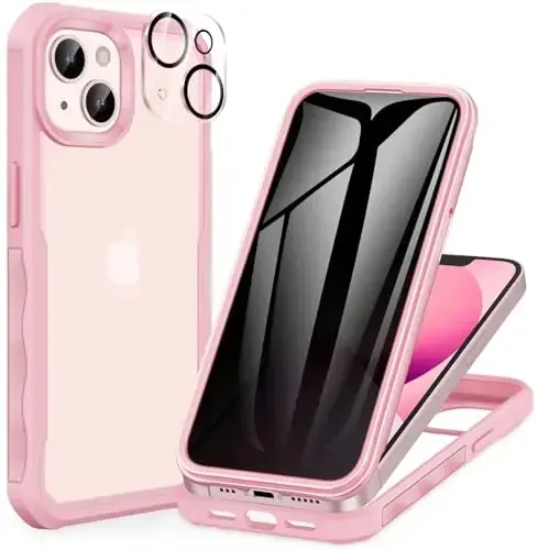 CENHUFO Privacy for iPhone 14 Case/iPhone 13 Case, Full Body Phone Case with Built-in 9H Tempered Glass Privacy Screen Protector and Camera Lens Protector, Shockproof Bumper Clear Cover - Pink - 1