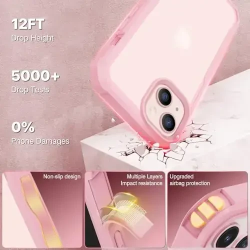 CENHUFO Privacy for iPhone 14 Case/iPhone 13 Case, Full Body Phone Case with Built-in 9H Tempered Glass Privacy Screen Protector and Camera Lens Protector, Shockproof Bumper Clear Cover - Pink - 5