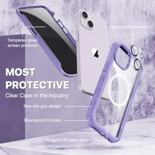 CENHUFO Privacy for iPhone 14 Case/iPhone 13 Case, Full Body Phone Case with Built-in 9H Tempered Glass Privacy Screen Protector and Camera Lens Protector, Shockproof Bumper Clear Cover - Purple - 5