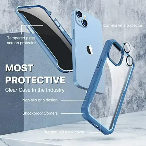 CENHUFO Privacy for iPhone 14 Plus Case, Full Body Phone Case with Built-in 9H Tempered Glass Privacy Screen Protector and Camera Lens Protector, an Light Blue - 3