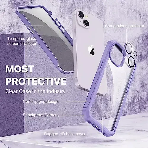 CENHUFO Privacy for iPhone 14 Plus Case, Full Body Phone Case with Built-in 9H Tempered Glass Privacy Screen Protector and Camera Lens Protector, Anti Peep Shockproof Bumper Clear Cover - Purple - 3