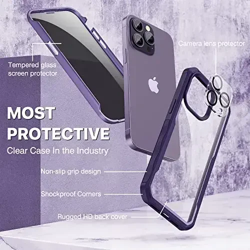 CENHUFO Privacy for iPhone 14 Pro Case, Full Body Phone Case with Built-in 9H Tempered Glass Privacy Screen Protector and Camera Lens Protector, Anti Peep Shockproof Bumper Clear Cover - Deep Purple - 3