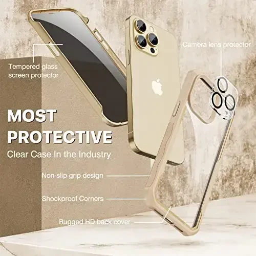 CENHUFO Privacy for iPhone 14 Pro Case, Full Body Phone Case with Built-in 9H Tempered Glass Privacy Screen Protector and Camera Lens Protector, Anti Peep Spy Shockproof Bumper Clear Cover - Beige - 3