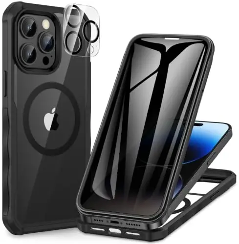 CENHUFO Privacy for iPhone 14 Pro Case, Full Body Phone Case with Built-in 9H Tempered Glass Privacy Screen Protector and Camera Lens Protector, Anti Peep Spy Shockproof Bumper Clear Cover - Black 