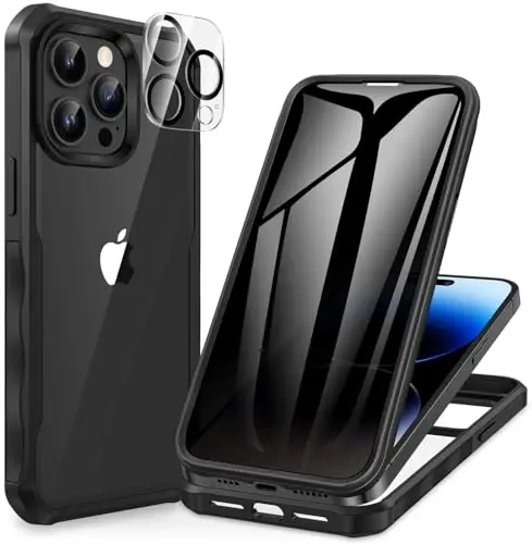 CENHUFO Privacy for iPhone 14 Pro Max Case, Full Body Phone Case with Built-in 9H Tempered Glass Privacy Screen Protector and Camera Lens Protector, Anti Peep Shockproof Bumper Clear Cover - Black 