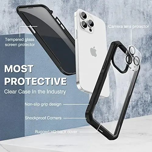 CENHUFO Privacy for iPhone 14 Pro Max Case, Full Body Phone Case with Built-in 9H Tempered Glass Privacy Screen Protector and Camera Lens Protector, Anti Peep Shockproof Bumper Clear Cover - Black - 3