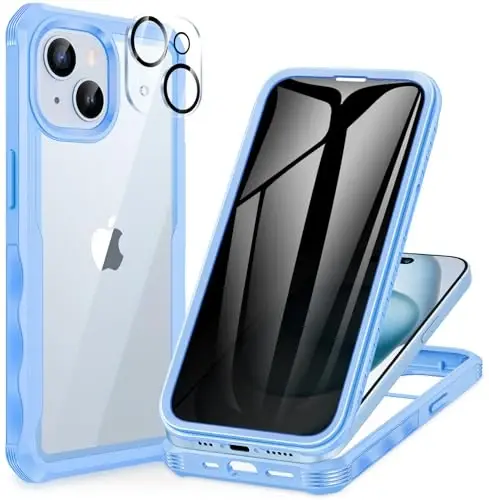 CENHUFO Privacy for iPhone 15 Case, Full Body Phone Case with Built-in 9H Tempered Glass Privacy Screen Protector and Camera Lens Protector, Anti Peep Spy Shockproof Bumper Clear Cover - Blue 