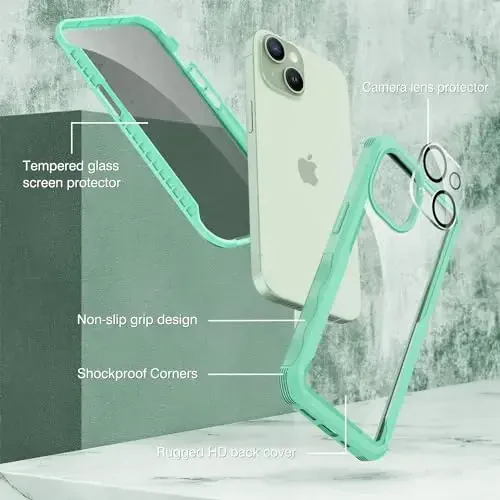 CENHUFO Privacy for iPhone 15 Case, Full Body Phone Case with Built-in 9H Tempered Glass Privacy Screen Protector and Camera Lens Protector, Anti Peep Spy Shockproof Bumper Clear Cover - Green - 3