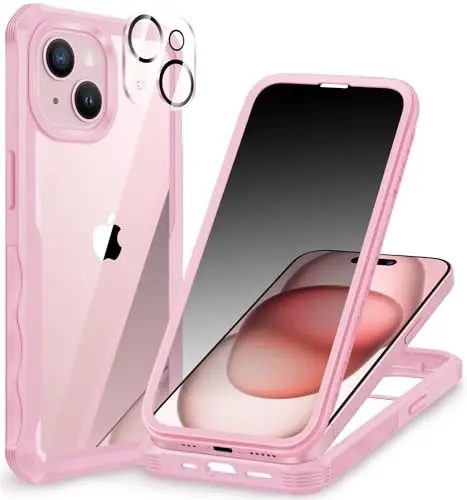 CENHUFO Privacy for iPhone 15 Case, Full Body Phone Case with Built-in 9H Tempered Glass Privacy Screen Protector and Camera Lens Protector, Anti Peep Spy Shockproof Bumper Clear Cover - Pink 