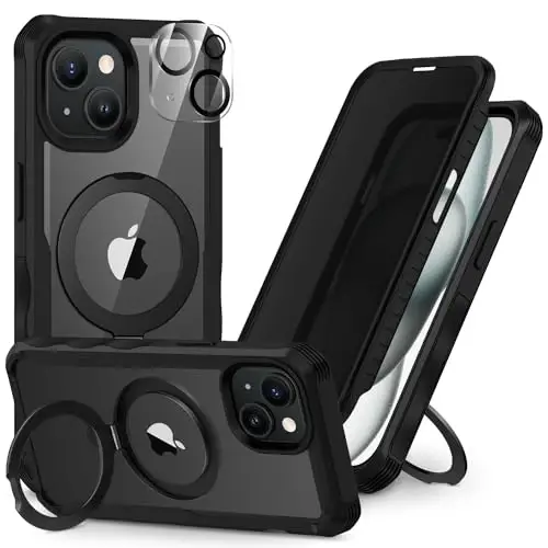 CENHUFO Privacy for iPhone 15 Plus Case, Full Body Phone Case [Compatible with Magsafe] Built-in 9H Tempered Glass Privacy Screen Protector and Magnetic Ring Stand, Clear Camera Lens Cover - Black 
