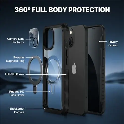 CENHUFO Privacy for iPhone 15 Plus Case, Full Body Phone Case [Compatible with Magsafe] Built-in 9H Tempered Glass Privacy Screen Protector and Magnetic Ring Stand, Clear Camera Lens Cover - Black - 2