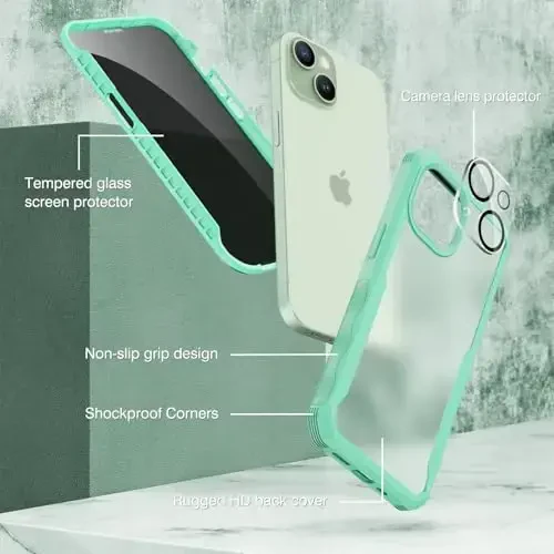 CENHUFO Privacy for iPhone 15 Plus Case, Full Body Phone Case with Built-in 9H Tempered Glass Privacy Screen Protector and Camera Lens Protector, Anti Peep Spy Shockproof Bumper Clear Cover -Green - 3