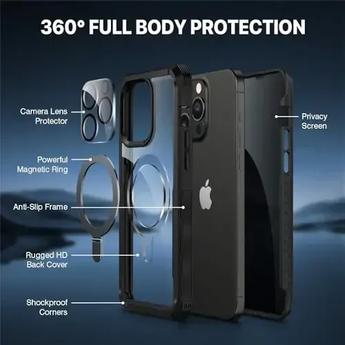 CENHUFO Privacy for iPhone 15 Pro Case, Full Body Phone Case [Compatible with Magsafe] Built-in 9H Tempered Glass Privacy Screen Protector and Magnetic Ring Stand, Clear Camera Lens Cover - Black - CENHUFO (1)