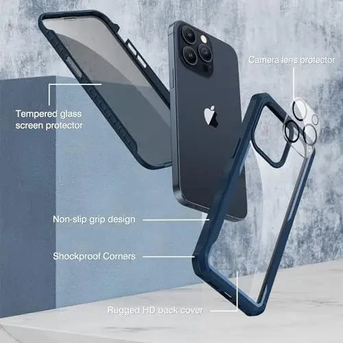 CENHUFO Privacy for iPhone 15 Pro Case, Full Body Phone Case with Built-in 9H Tempered Glass Privacy Screen Protector and Camera Lens Protector, Anti Peep Spy Shockproof Bumper Clear Cover - Blue - 3