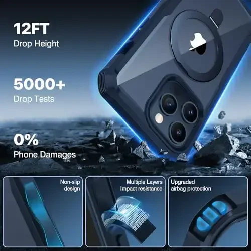 CENHUFO Privacy for iPhone 15 Pro Max Case, Full Body Phone Case [Compatible with Magsafe] Built-in 9H Tempered Glass Privacy Screen Protector and Magnetic Ring Stand, Clear Camera Lens Cover -Blue - 6