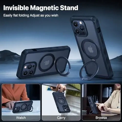 CENHUFO Privacy for iPhone 15 Pro Max Case, Full Body Phone Case [Compatible with Magsafe] Built-in 9H Tempered Glass Privacy Screen Protector and Magnetic Ring Stand, Clear Camera Lens Cover -Blue - 5