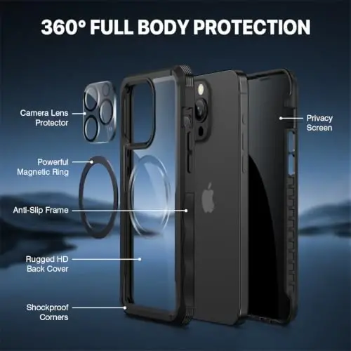 CENHUFO Privacy for iPhone 15 Pro Max Case, Full Body Phone Case with Built-in 9H Tempered Glass Privacy Screen Protector and Camera Lens Protector, Anti Peep Shockproof Bumper Clear Cover - Black - 5