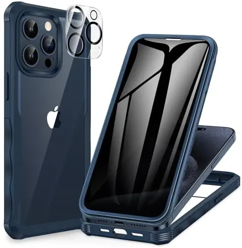 CENHUFO Privacy for iPhone 15 Pro Max Case, Full Body Phone Case with Built-in 9H Tempered Glass Privacy Screen Protector and Camera Lens Protector, Anti Peep Shockproof Bumper Clear Cover - Blue 