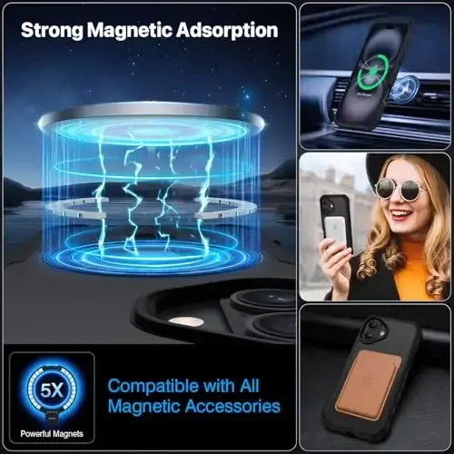 CENHUFO Privacy for iPhone 16 Case [Compatible with Magsafe] Full Body Phone Case Built-in 9H Tempered Glass Privacy Screen Protector and 360° Spin Magnetic Stand Ring, Camera Lens Cover - Black - 5