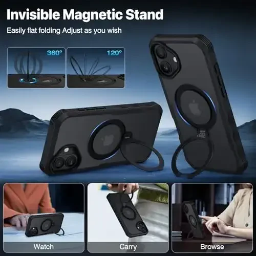 CENHUFO Privacy for iPhone 16 Case [Compatible with Magsafe] Full Body Phone Case Built-in 9H Tempered Glass Privacy Screen Protector and 360° Spin Magnetic Stand Ring, Camera Lens Cover - Black - 6