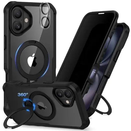 CENHUFO Privacy for iPhone 16 Case [Compatible with Magsafe] Full Body Phone Case Built-in 9H Tempered Glass Privacy Screen Protector and 360° Spin Magnetic Stand Ring, Camera Lens Cover - Black 