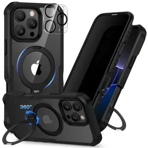 CENHUFO Privacy for iPhone 16 Pro Case [Compatible with Magsafe] Full Body Phone Case Built-in 9H Tempered Glass Privacy Screen Protector and 360° Spin Magnetic Stand Ring, Camera Lens Cover -Black - 1