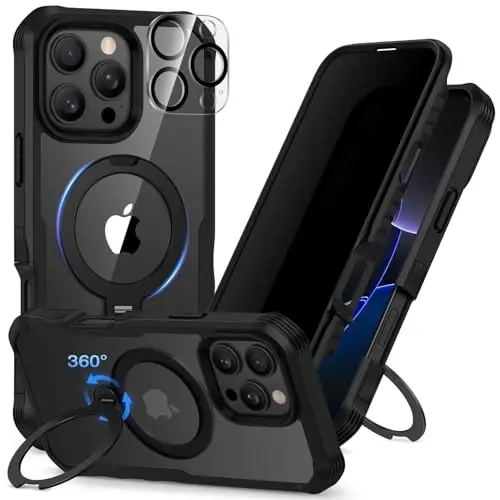 CENHUFO Privacy for iPhone 16 Pro Max Case, Compatible with Magsafe Full Body Phone Case Built-in 9H Tempered Glass Privacy Screen Protector and 360° Spin Magnetic Stand Ring Camera Lens Cover -Black 