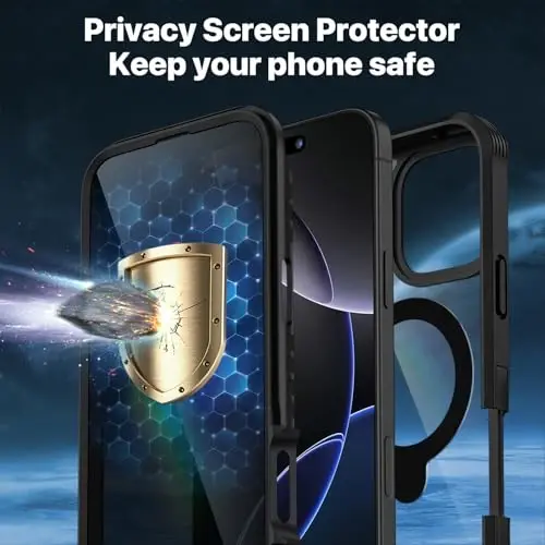 CENHUFO Privacy for iPhone 16 Pro Max Case, Compatible with Magsafe Full Body Phone Case Built-in 9H Tempered Glass Privacy Screen Protector and 360° Spin Magnetic Stand Ring Camera Lens Cover -Black - 7