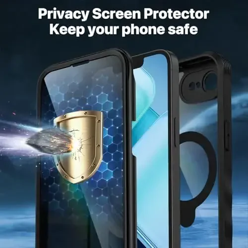 CENHUFO Privacy for iPhone 16E Case [Compatible with Magsafe] Full Body Phone Case Built-in 9H Tempered Glass Privacy Screen Protector and 360° Spin Magnetic Stand Ring, Shockproof Cover - Black - 7