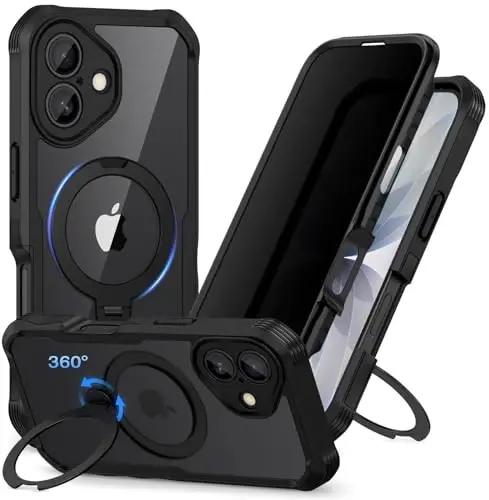 CENHUFO Privacy for iPhone 17 G‘ilof, Magsafe bilan mos keladi, o‘rnatilgan 9H qattiqlashtirilgan shisha maxfiylik ekran himoyasi va 360° aylanadigan magnit stend halqali kamera linzalari qopqog‘i - Qora - 1
