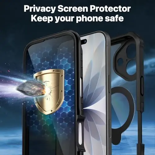 CENHUFO Privacy for iPhone 17 G‘ilof, Magsafe bilan mos keladi, o‘rnatilgan 9H qattiqlashtirilgan shisha maxfiylik ekran himoyasi va 360° aylanadigan magnit stend halqali kamera linzalari qopqog‘i - Qora - 3