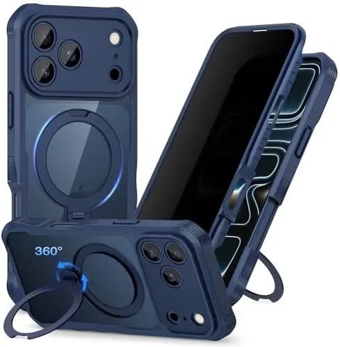CENHUFO Privacy for iPhone 17 Pro Max Case, Compatible with Magsafe Full Body Phone Case Built-in 9H Tempered Glass Privacy Screen Protector and 360° Spin Magnetic Stand Ring Camera Lens Cover - Blue 