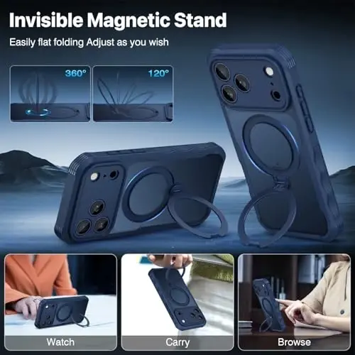CENHUFO Privacy for iPhone 17 Pro Max Case, Compatible with Magsafe Full Body Phone Case Built-in 9H Tempered Glass Privacy Screen Protector and 360° Spin Magnetic Stand Ring Camera Lens Cover - Blue - CENHUFO (1)