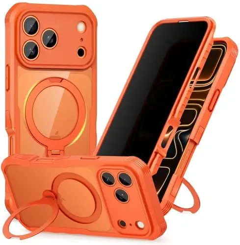 CENHUFO Privacy for iPhone 17 Pro Max Case, Compatible with Magsafe Full Body Phone Case Built-in 9H Tempered Glass Privacy Screen Protector and 360° Spin Magnetic Stand Ring Camera Lens Cover -Orange 