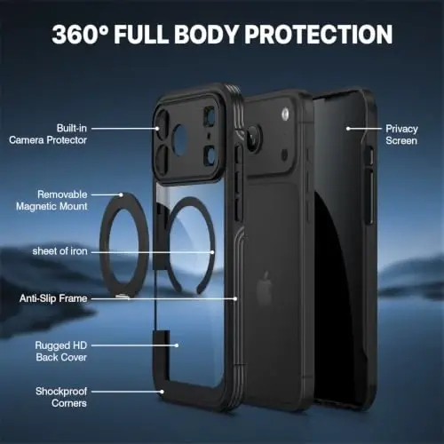 CENHUFO Privacy for iPhone 18 Pro Case/Privacy for iPhone 17 Pro Case,Compatible with MagSafe with Built-in 9H Tempered Glass Privacy Screen Protectorand Magnetic Stand Ring Midnight Black - 5