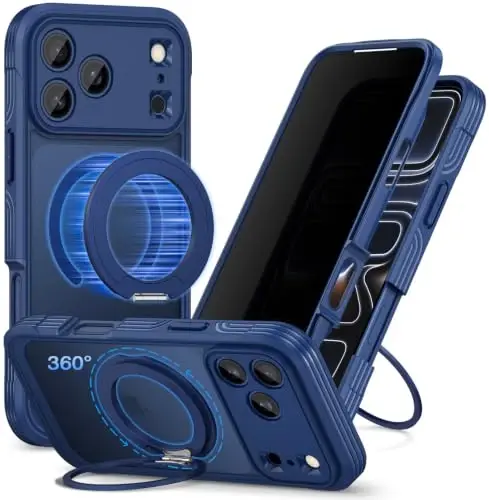 CENHUFO Privacy for iPhone 18 Pro Case/Privacy for iPhone 17 Pro Case,Compatible with MagSafe with Built-in 9H Tempered Glass Privacy Screen Protectorand Magnetic Stand Ring Midnight Blue - 1