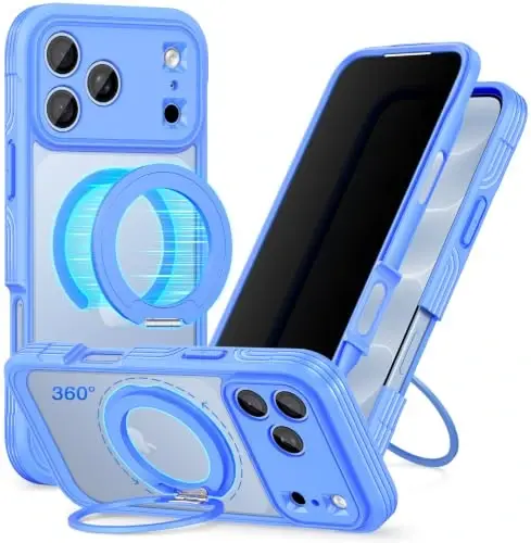 CENHUFO Privacy for iPhone 18 Pro Case/Privacy for iPhone 17 Pro Case,Compatible with MagSafe with Built-in 9H Tempered Glass Privacy Screen Protectorand Magnetic Stand Ring Midnight Light Blue - 1