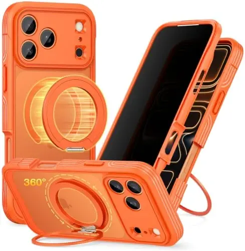 CENHUFO Privacy for iPhone 18 Pro Case/Privacy for iPhone 17 Pro Case,Compatible with MagSafe with Built-in 9H Tempered Glass Privacy Screen Protectorand Magnetic Stand Ring Midnight Orange - 1