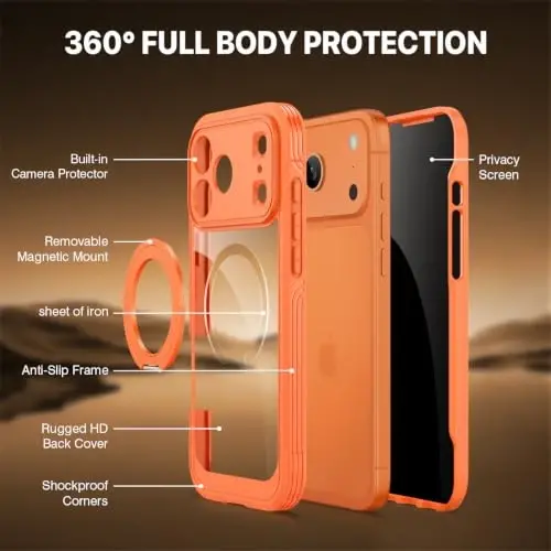 CENHUFO Privacy for iPhone 18 Pro Case/Privacy for iPhone 17 Pro Case,Compatible with MagSafe with Built-in 9H Tempered Glass Privacy Screen Protectorand Magnetic Stand Ring Midnight Orange - 5