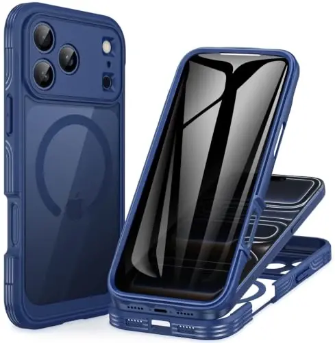 CENHUFO Privacy for iPhone 18 Pro Case/Privacy for iPhone 17 Pro Case,Compatible with MagSafe,Full-Body Phone Case with Built-in 9H Tempered Glass Privacy Screen Protectorand Blue - 1