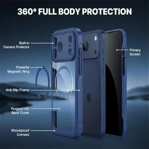 CENHUFO Privacy for iPhone 18 Pro Case/Privacy for iPhone 17 Pro Case,Compatible with MagSafe,Full-Body Phone Case with Built-in 9H Tempered Glass Privacy Screen Protectorand Blue - 3