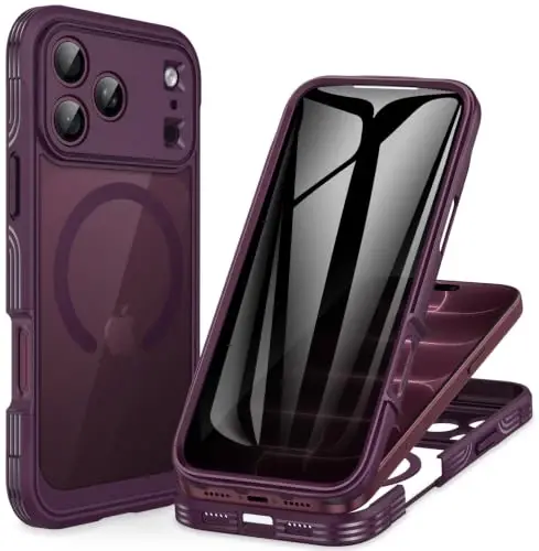 CENHUFO Privacy for iPhone 18 Pro Case/Privacy for iPhone 17 Pro Case,Compatible with MagSafe,Full-Body Phone Case with Built-in 9H Tempered Glass Privacy Screen Protectorand Burgundy - 1