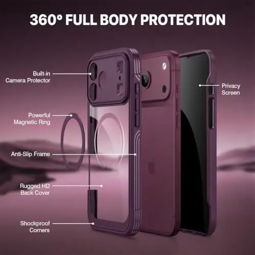 CENHUFO Privacy for iPhone 18 Pro Case/Privacy for iPhone 17 Pro Case,Compatible with MagSafe,Full-Body Phone Case with Built-in 9H Tempered Glass Privacy Screen Protectorand Burgundy - 3