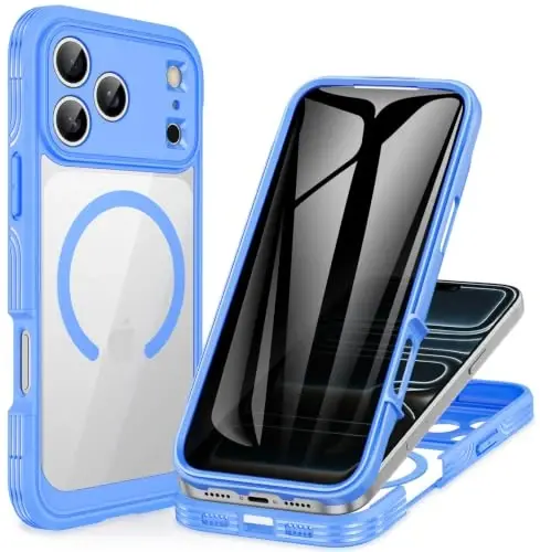 CENHUFO Privacy for iPhone 18 Pro Case/Privacy for iPhone 17 Pro Case,Compatible with MagSafe,Full-Body Phone Case with Built-in 9H Tempered Glass Privacy Screen Protectorand Light Blue - 1