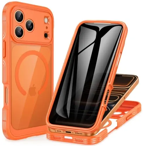 CENHUFO Privacy for iPhone 18 Pro Case/Privacy for iPhone 17 Pro Case,Compatible with MagSafe,Full-Body Phone Case with Built-in 9H Tempered Glass Privacy Screen Protectorand Orange - 1