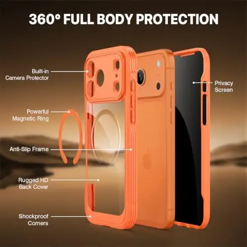 CENHUFO Privacy for iPhone 18 Pro Case/Privacy for iPhone 17 Pro Case,Compatible with MagSafe,Full-Body Phone Case with Built-in 9H Tempered Glass Privacy Screen Protectorand Orange - 3
