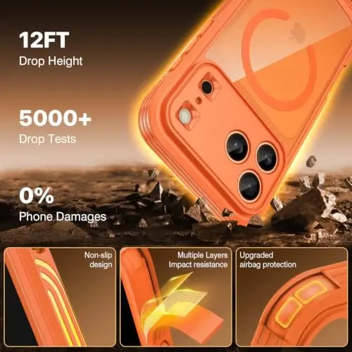 CENHUFO Privacy for iPhone 18 Pro Case/Privacy for iPhone 17 Pro Case,Compatible with MagSafe,Full-Body Phone Case with Built-in 9H Tempered Glass Privacy Screen Protectorand Orange - 6