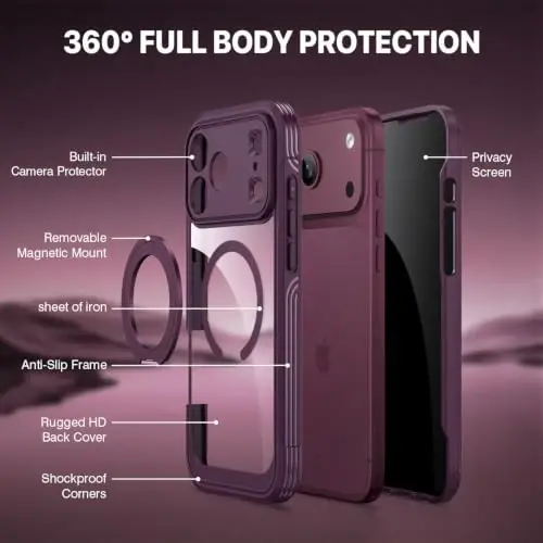 CENHUFO Privacy for iPhone 18 Pro Max Case/Privacy for iPhone 17 Pro Max Case,Compatible with MagSafe with Built-in 9H Tempered Glass Privacy Screen Protectorand Magnetic Stand Ring Midnight Burgundy - 5